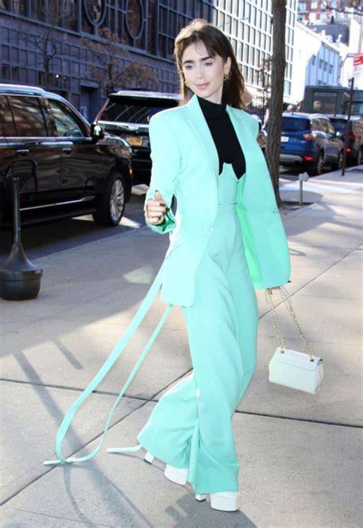 Lily Collins Wears Mint Green Flared Suit