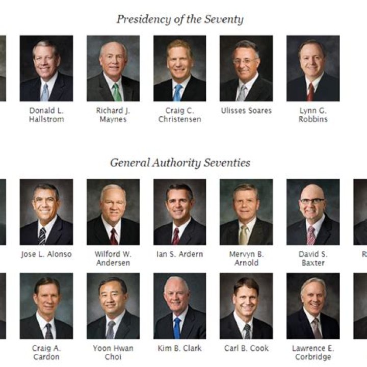 Newly called General Authority Seventies Elder Alan T. Phillips, Elder Christophe G. Giraud-Carrier, Elder J. Kimo Esplin and Elder Robert M. Daines, take their seats on the stand during April 2023 general conference