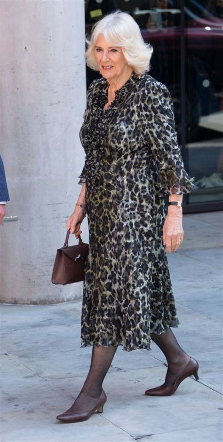 Queen Camilla wearing leopard print dress 